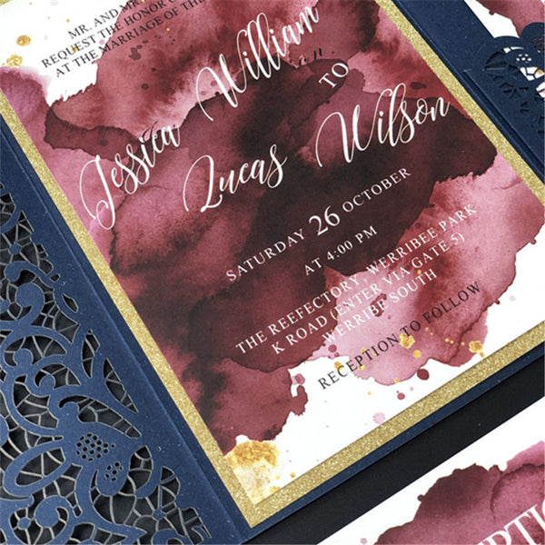 Modern Navy Blue Laser Cut Wedding Invitations with Amazing Watercolor Designs Lcz038 (2)