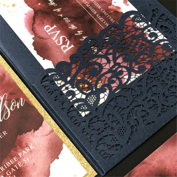 Modern Navy Blue Laser Cut Wedding Invitations with Amazing Watercolor Designs Lcz038 (4)