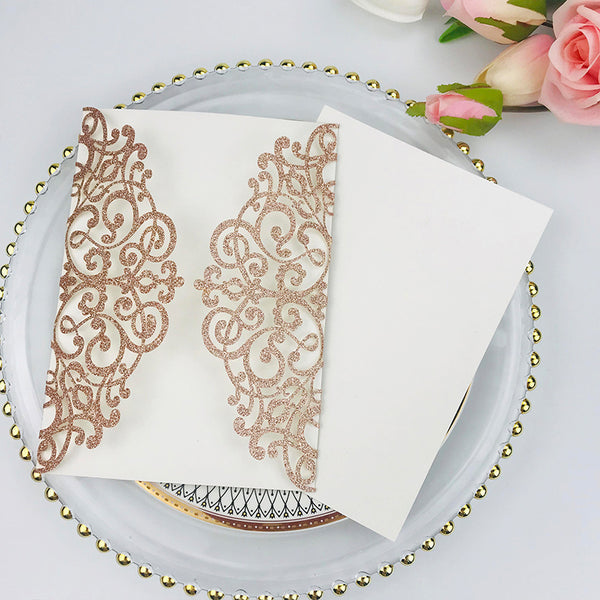 Modern Rose Gold Laser Cut Wedding Invitations with Floral Details Lcz033 (5)