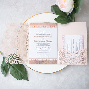 Modern Tri-folded Blush Pink Laser Cut Wedding Invitations Pocket Lcz037 (1)