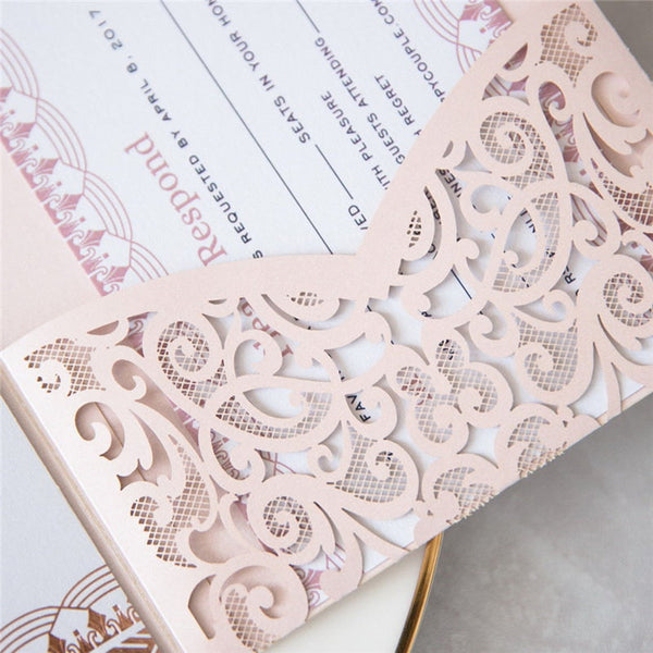 Modern Tri-folded Blush Pink Laser Cut Wedding Invitations Pocket Lcz037 (2)