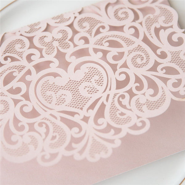 Modern Tri-folded Blush Pink Laser Cut Wedding Invitations Pocket Lcz037 (4)