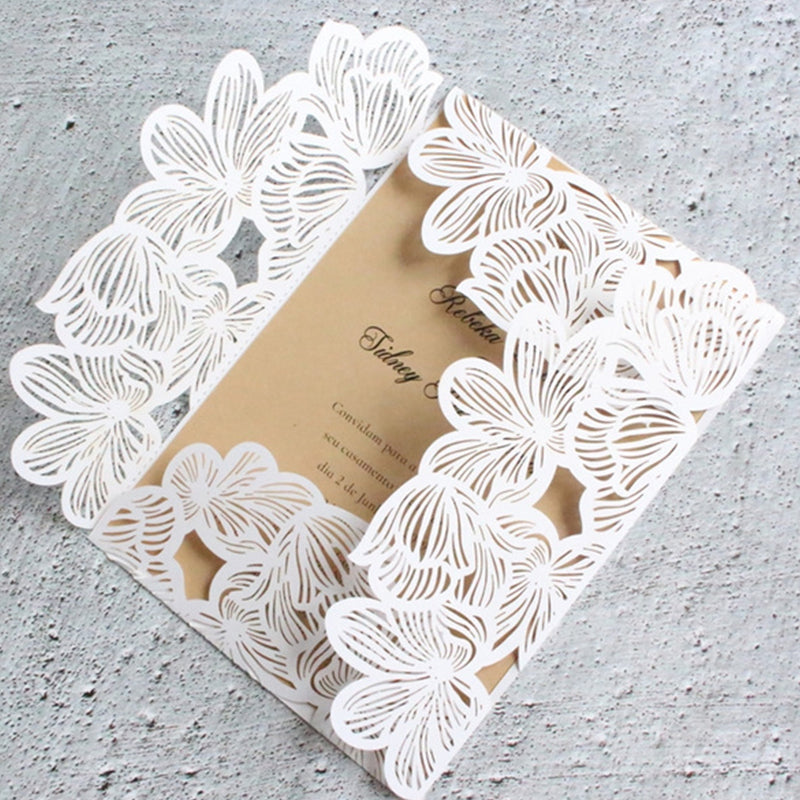 Modern white floral petal laser cut wedding invitations (1)