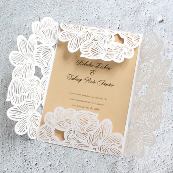 Modern white floral petal laser cut wedding invitations