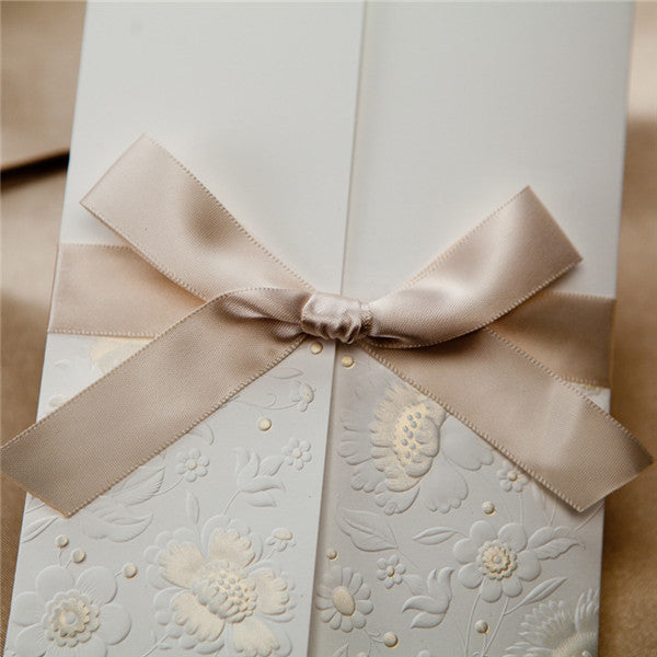 Modern white wedding invitations with engraved flowers and ribbons LC004_2