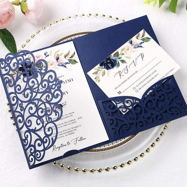 Navy Blue Tri-Fold Laser Cut Wedding Invitation Pocket with Envelopes for Wedding Bridal Shower (1)