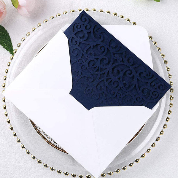 Navy Blue Tri-Fold Laser Cut Wedding Invitation Pocket with Envelopes for Wedding Bridal Shower (2)