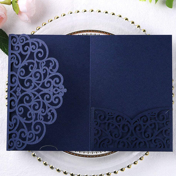 Navy Blue Tri-Fold Laser Cut Wedding Invitation Pocket with Envelopes for Wedding Bridal Shower (4)