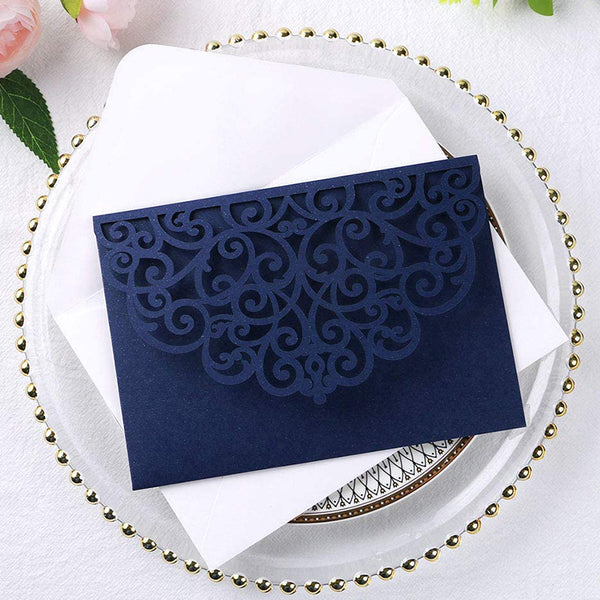Navy Blue Tri-Fold Laser Cut Wedding Invitation Pocket with Envelopes for Wedding Bridal Shower (5)