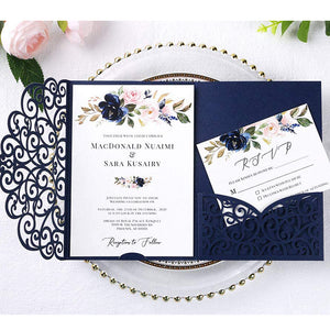 Navy Blue Tri-Fold Laser Cut Wedding Invitation Pocket with Envelopes for Wedding Bridal Shower (6)