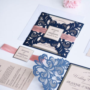 Navy Blue and Blush Laser Cut Wedding Invitations with Amazing Detai (1)