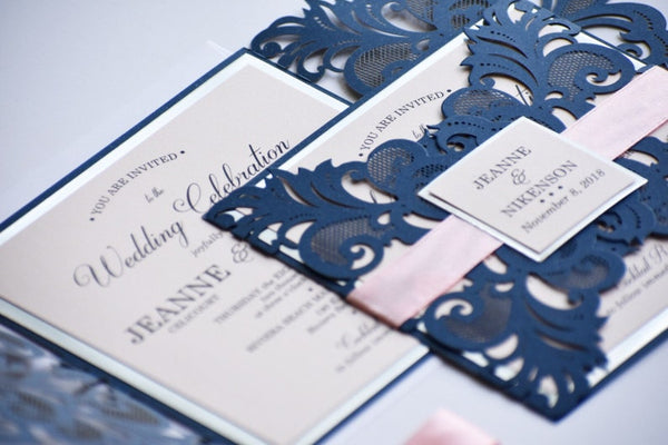 Navy Blue and Blush Laser Cut Wedding Invitations with Amazing Detai (2)