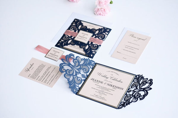 Navy Blue and Blush Laser Cut Wedding Invitations with Amazing Detai (6)