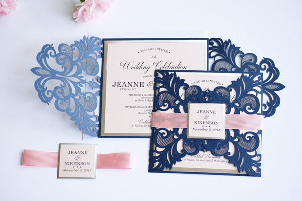 Navy Blue and Blush Laser Cut Wedding Invitations with Amazing Detail