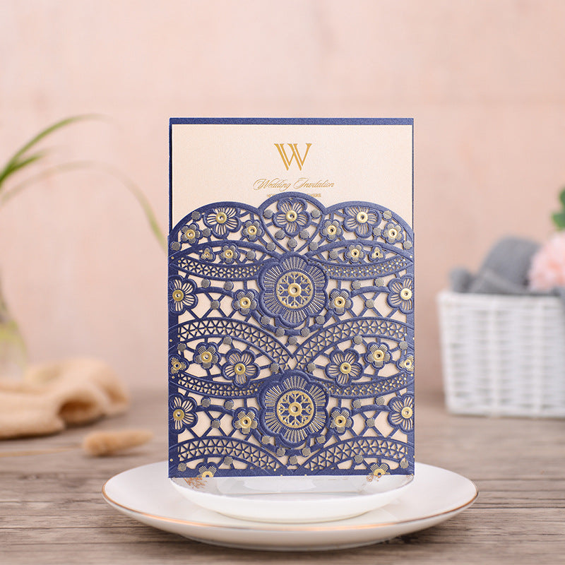Navy and Gold Flower Detailed Laser Cut Wedding Invitations Lcz101 (1)