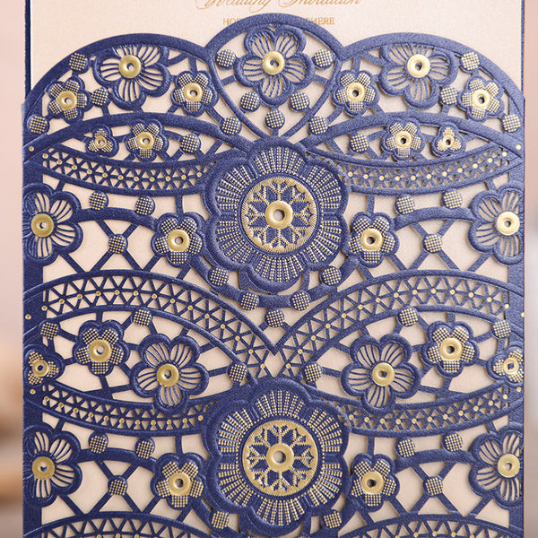 Navy and Gold Flower Detailed Laser Cut Wedding Invitations Lcz101 (5)