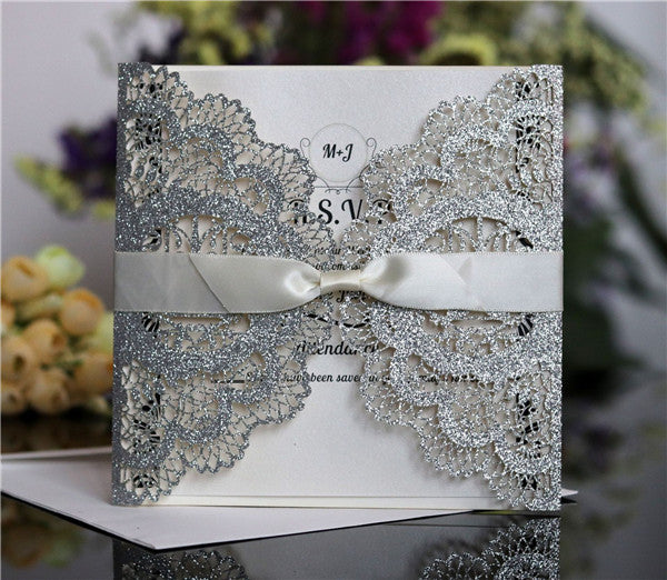 Navy blue lace laser cut wedding invitations with satin ribbons LC053_2
