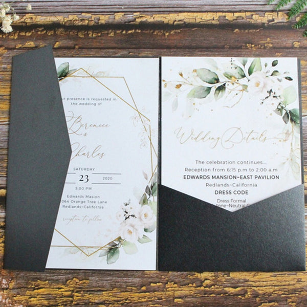 Personalized black tri-folded laser wedding invitations