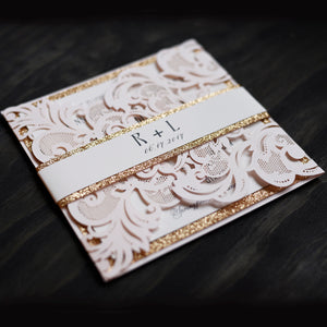 Pink Lasercut with Gold Glitter and Monogram Belly Band Invitations (1)