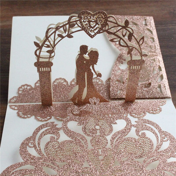 Pop up Rose Gold Wedding Invitations with Hollow Design (3)