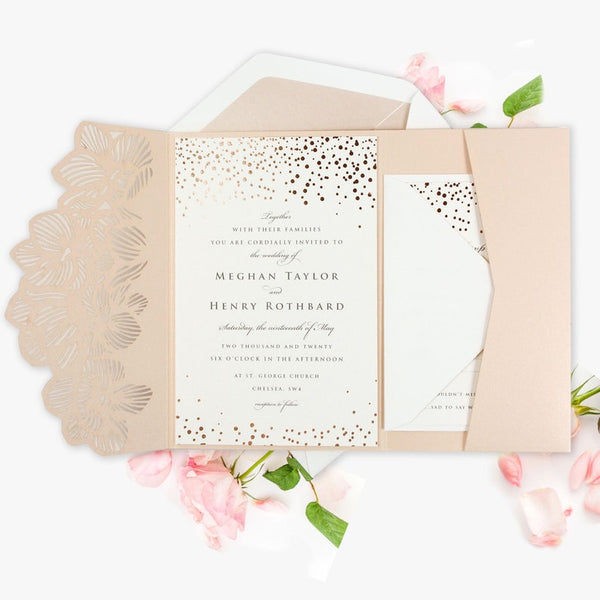 Pretty Pink Peach Orchid Flower Wedding Invitation with Pocket Fold Design (1)