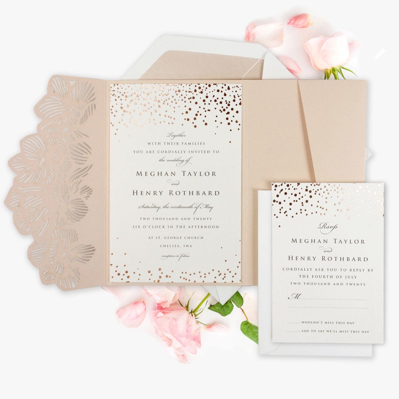 Pretty Pink Peach Orchid Flower Wedding Invitation with Pocket Fold Design (3)