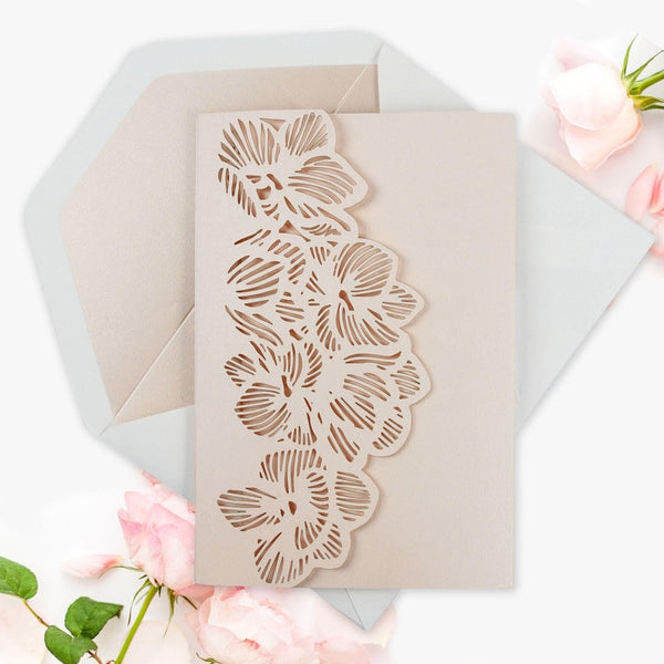 Pretty Pink Peach Orchid Flower Wedding Invitation with Pocket Fold Design
