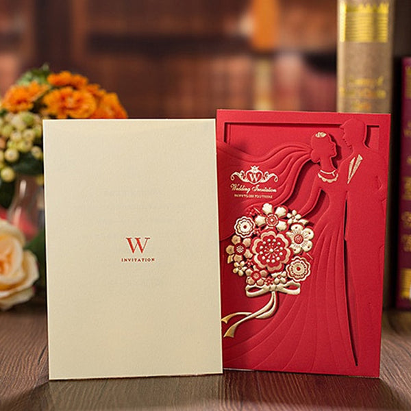 Red Laser Cut Wedding Invitations Card with Bride and Groom (1)