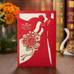Red Laser Cut Wedding Invitations Card with Bride and Groom (3)