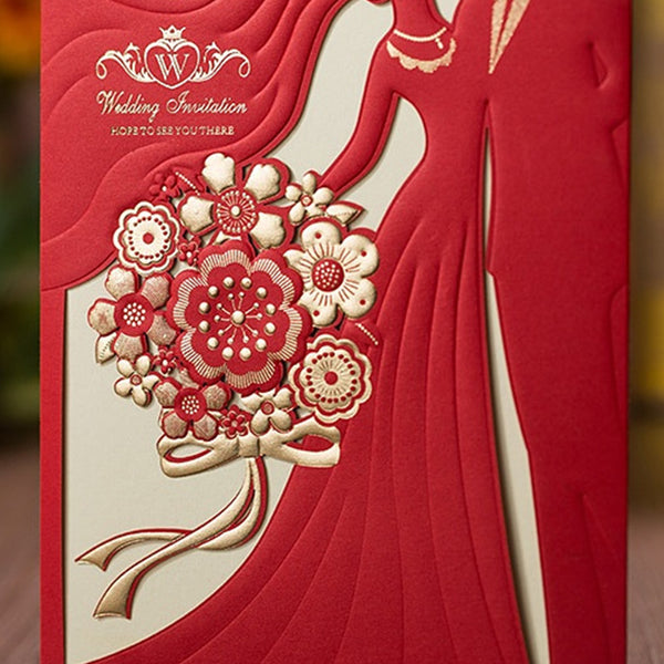 Red Laser Cut Wedding Invitations Card with Bride and Groom (4)