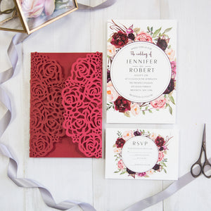Red and Burgundy Rose Lace Design-Laser cut Invitation (1)