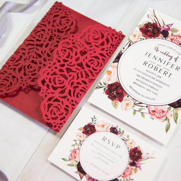 Red and Burgundy Rose Lace Design-Laser cut Invitation (2)