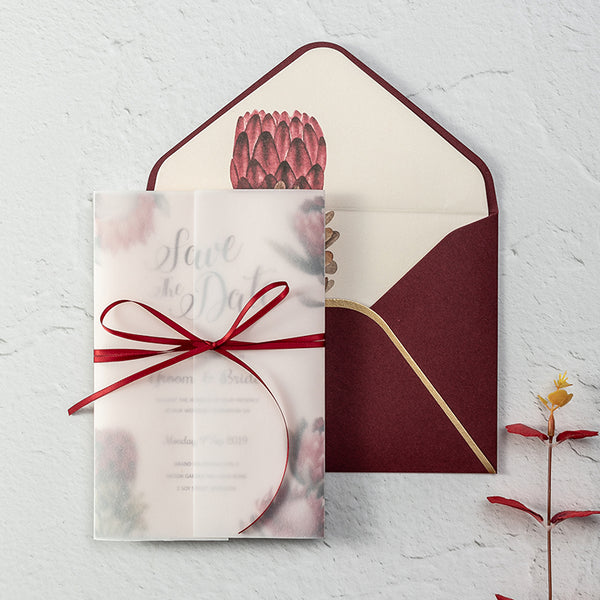 Refreshing Folded Burgundy Wedding Invitations with Protea on Transparent Vellum Paper Lcz107 (2)