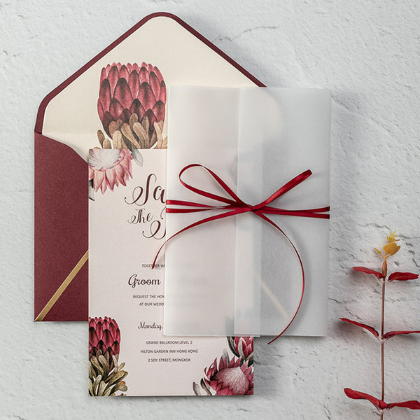 Refreshing Folded Burgundy Wedding Invitations with Protea on Transparent Vellum Paper Lcz107 (6)