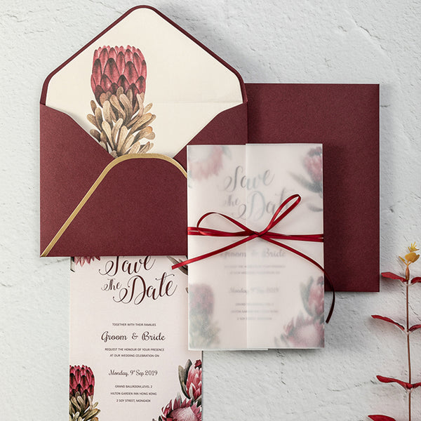 Refreshing Folded Burgundy Wedding Invitations with Protea on Transparent Vellum Paper Lcz107 (9)