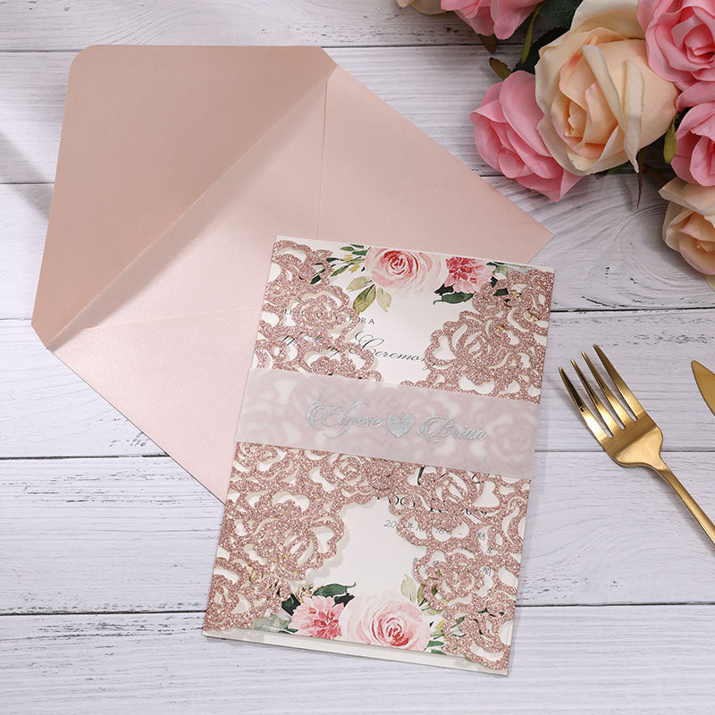 Romantic Rose Gold Glittery Laser Cut Wedding Invitations with Vellum Belly Band Lcz081 (1)
