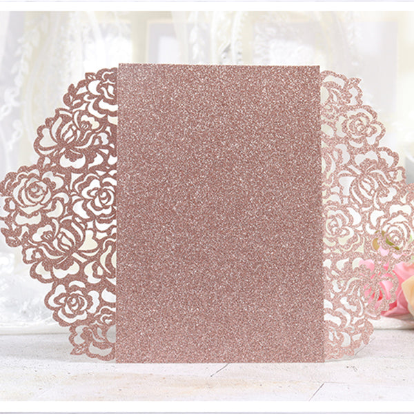 Romantic Rose Gold Glittery Laser Cut Wedding Invitations with Vellum Belly Band Lcz081 (2)