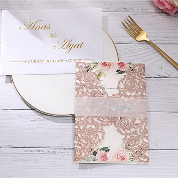 Romantic Rose Gold Glittery Laser Cut Wedding Invitations with Vellum Belly Band Lcz081 (3)