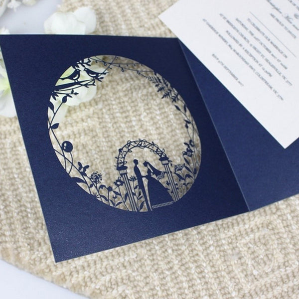Romantic Square Nany Blue Laser Cut Wedding Invitations with Hollow Design (1)