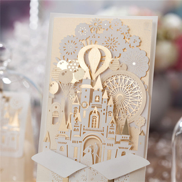 Romantic and foil ivory folded castle wedding invitations LC014_2