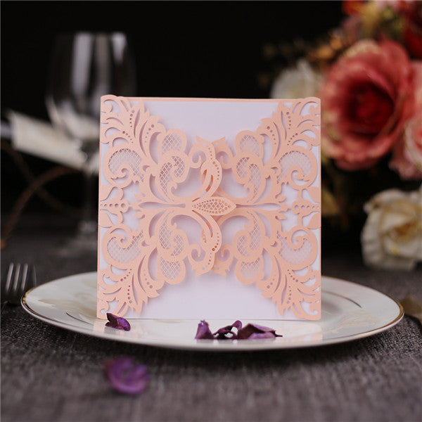 Romantic blush pink folded laser cut wedding invitations with white inner cards LC044_1