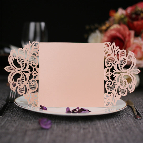 Romantic blush pink folded laser cut wedding invitations with white inner cards LC044_2