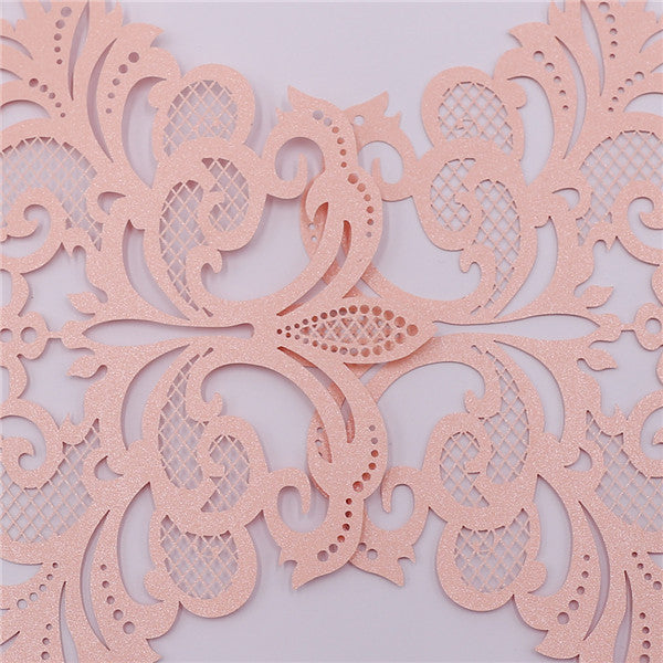 Romantic blush pink folded laser cut wedding invitations with white inner cards LC044_4
