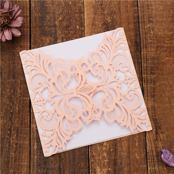 Romantic blush pink folded laser cut wedding invitations with white inner cards LC044_6