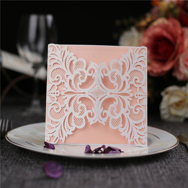 Romantic white folded laser cut wedding invitations with blush pink inner cards LC043_1
