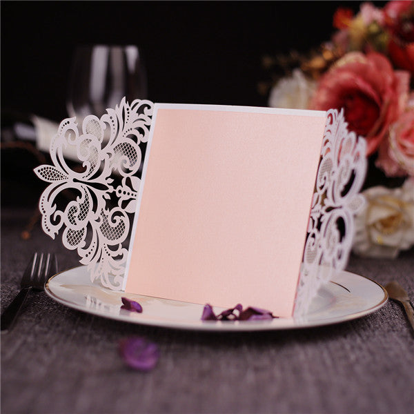 Romantic white folded laser cut wedding invitations with blush pink inner cards LC043_3