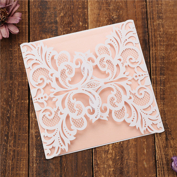 Romantic white folded laser cut wedding invitations with blush pink inner cards LC043_6
