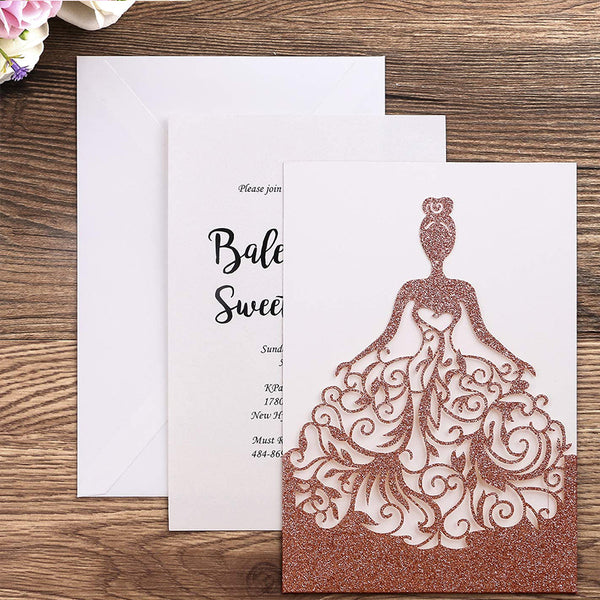 Rose Gold Glitter Laser Cut Crown Wedding Invitations Cards For Birthday Sweet 15 (1)