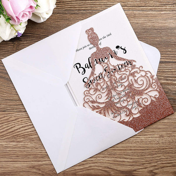 Rose Gold Glitter Laser Cut Crown Wedding Invitations Cards For Birthday Sweet 15 (3)
