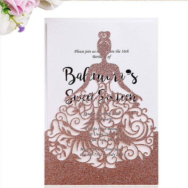 Rose Gold Glitter Laser Cut Crown Wedding Invitations Cards For Birthday Sweet 15 (7)
